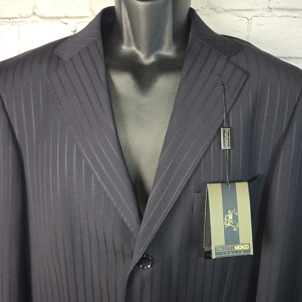 PRONTO MONDO ITALIA 100% MERINO WOOL NAVY PINSTRIPE MENS BLAZER SUPER 140'S 40R.